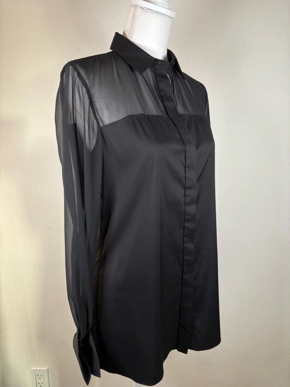 alice + olivia black sheer yoke button front blouse top - Picture 3 of 5
